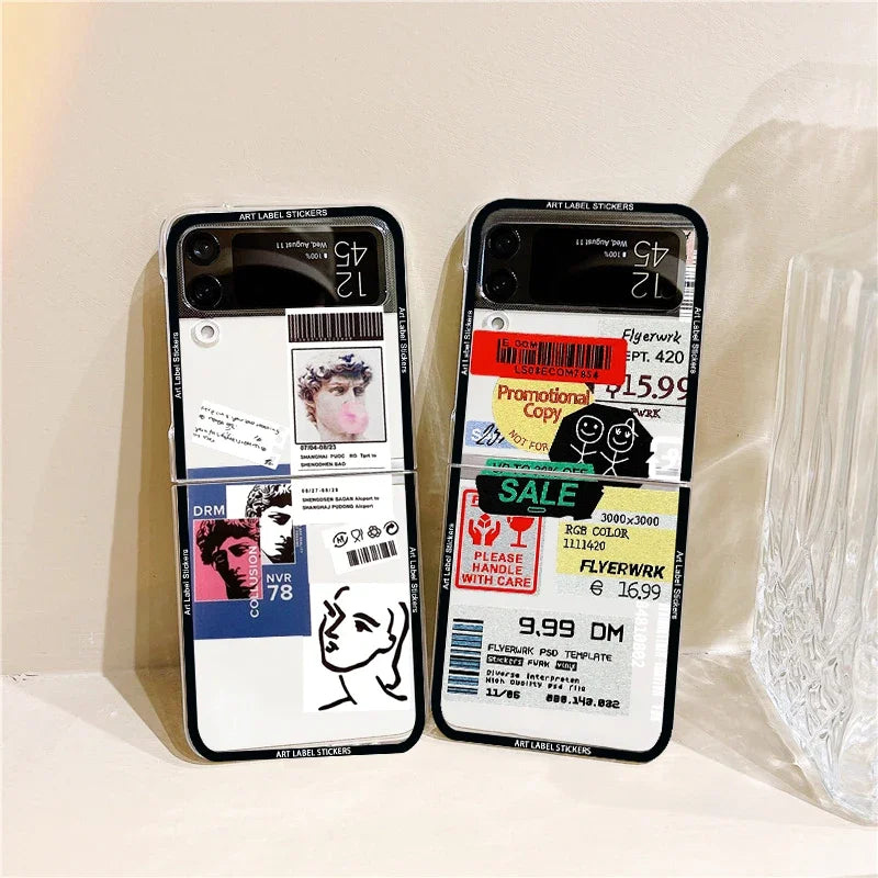 For Samsung Z Flip 5 6 Case Retro Bar Code Art Label Folding Phone Case for Samsung Z Flip 4 Z Flip3 Transparent Hard Back Cover