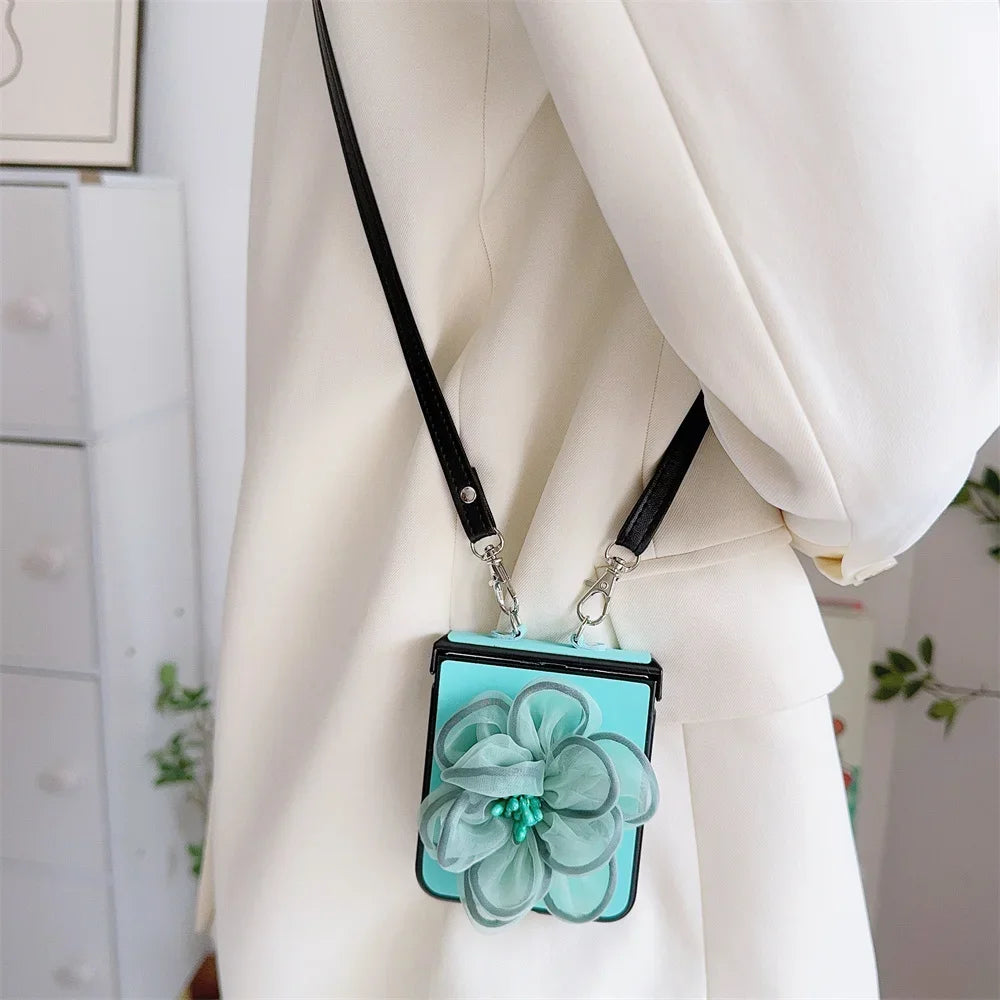 3D Cute Yarn Flower Crossbody Lanyard Phone Case For Samsung Galaxy Z Flip 6 5 4 3 5G Hard Hinge Protective PU Leather Cover