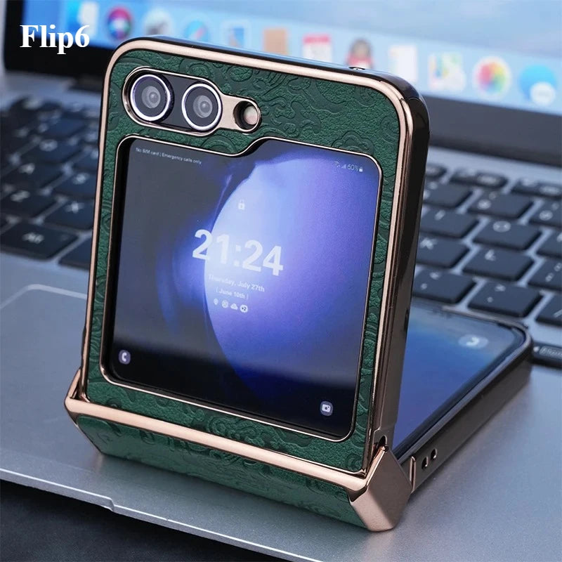 Luxury Dragon Pattern Leather Phone Case For Samsung Galaxy Z Flip 7 FE 6 5 4 3 Flip6 ZFlip7 3-Pieces-Set Plating PC Hinge Cover