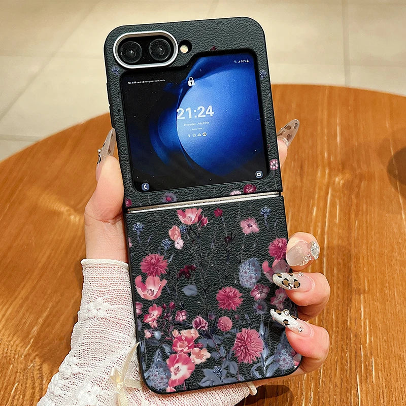 Purple Flower Print Case For Samsung Galaxy Z Flip 6 5 4 3 Magnetic For Magsafe Folding Cover For Samsung Z Flip6 Flip5 Flip4