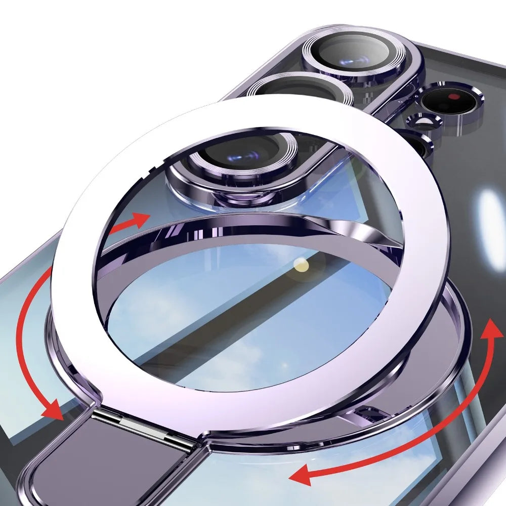 Transparent for Magsafe Stand Plating Case for Samsung Galaxy S26 Ultra Magnetic Bracket Lens Film Cover for Samsung S26 Plus