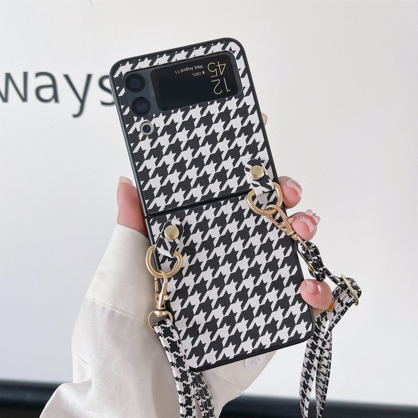Crossbody Long Lanyard Necklace Strap Houndstooth Leather Case For Samsung Galaxy Z Flip 7 6 5 4 3 5G Flip7 Cover With Rope