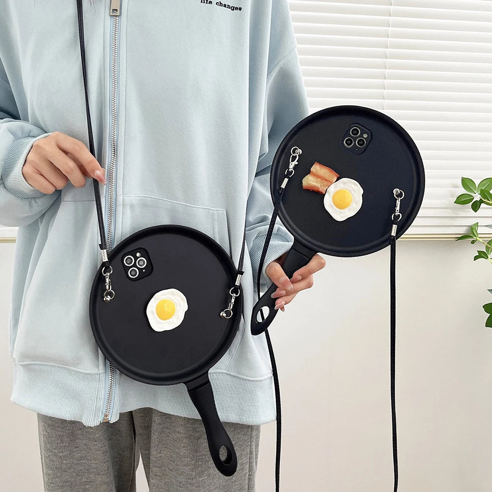 Funny 3D Frying Pan Crossbody Strap Phone Case For Samsung Galaxy S25 Ultra Cover S24 Plus S23 Ultra INS Fashion Shockproof Case