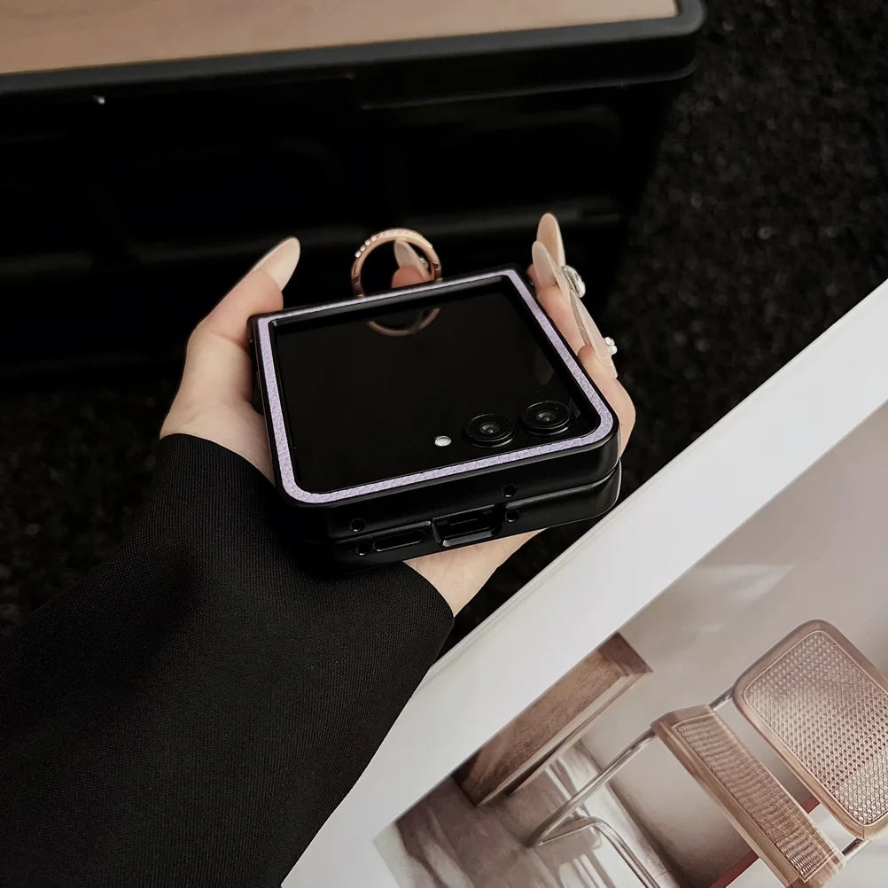 Lychee Plain Leather Metal Finger Ring and Magnetic Ring Case For Motorola Razr 60 Ultra razr60 Moto Razr 50 razr+ 2024 Cover