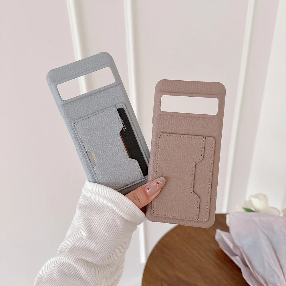 W Shape Card Slot Leather Case For Google Pixel 9 10 Pro XL 6 6A 7 7A 8 8A 9A Litchi Pattern PU Hard Back Cover
