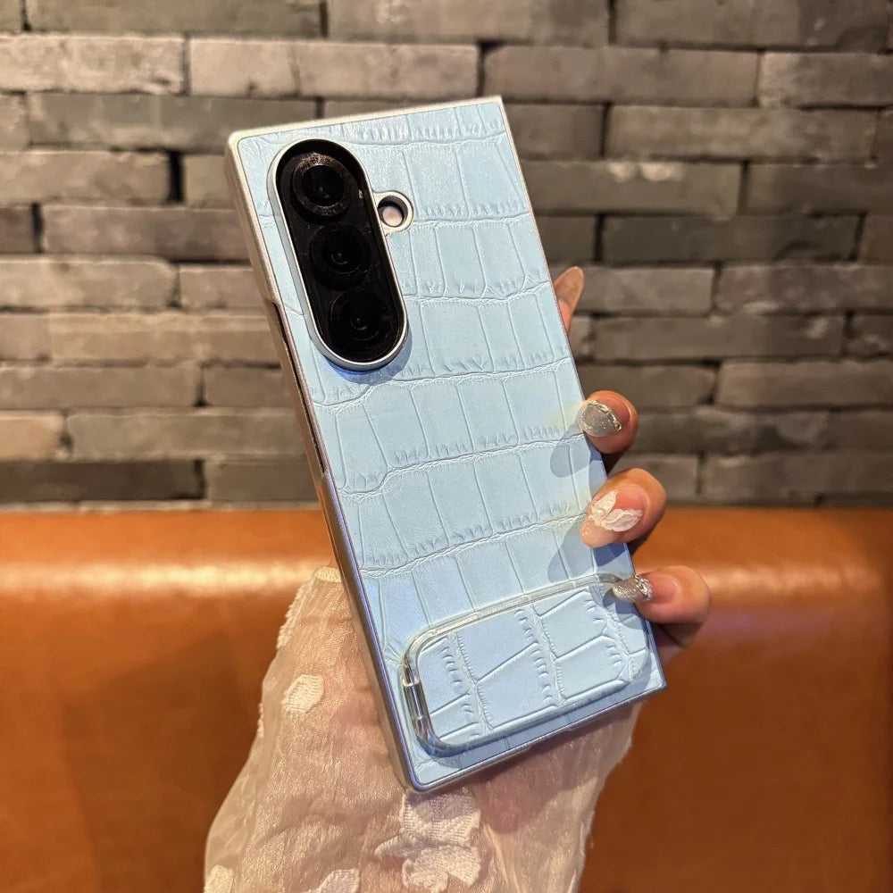 3D Crocodile Skin Pattern PU Phone Case For Samsung Galaxy Z Fold 7 6 5 4 3 Fold7 ins Y2K Invisible Makeup Mirror Bracket Cover