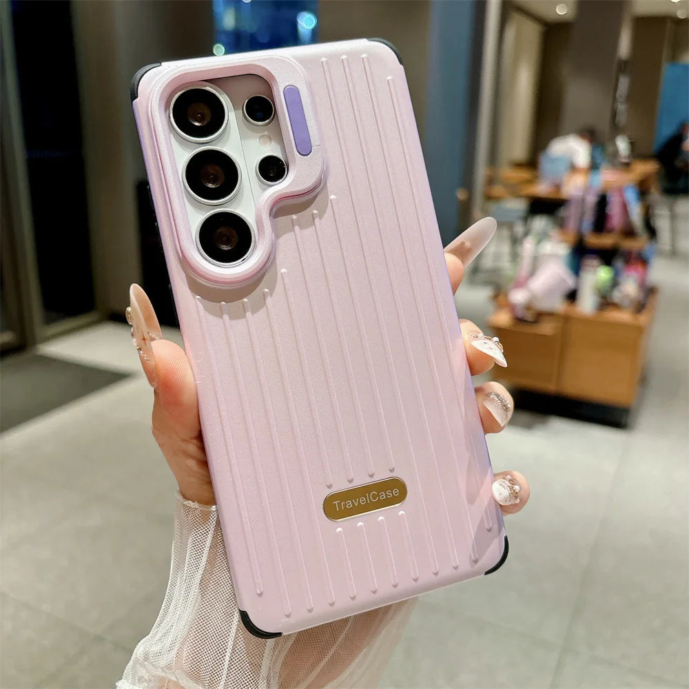 Lens Mount Luggage Armor Phone Case for Samsung S26 S25 S24 S23 Ultra Solid Color Striped Shockproof Bumper Protection Cover