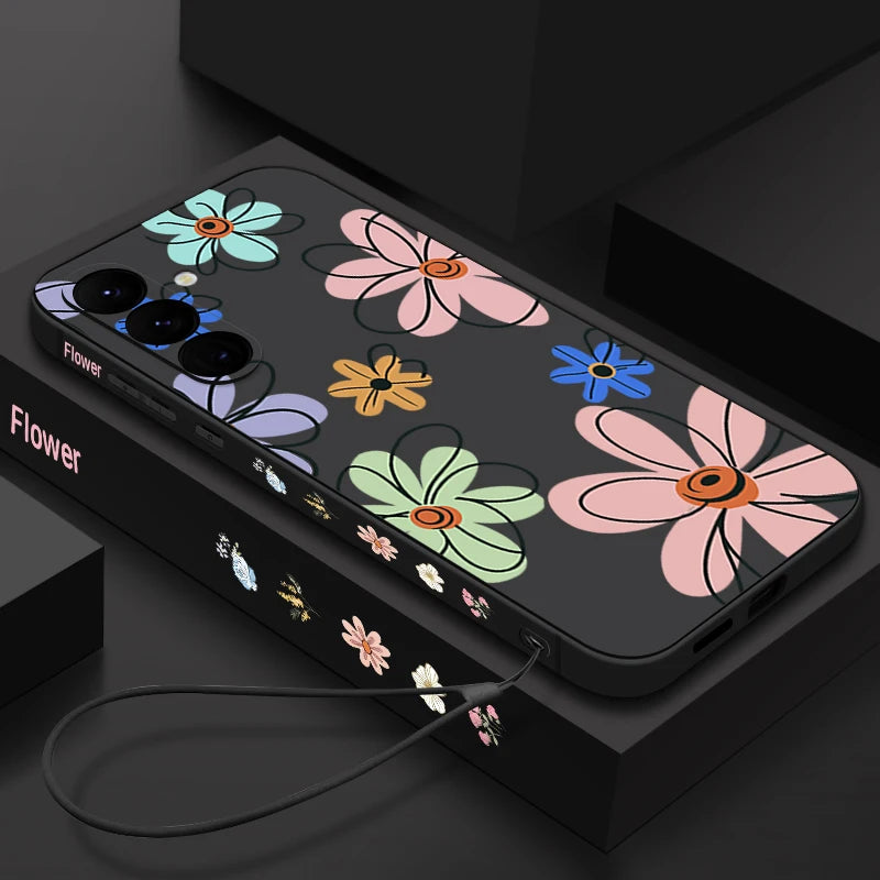 Cute Cartoon Flowers Lanyard Case For Samsung Galaxy S25 Ultra S24 S23 S22 Plus S21 FE A15 A16 A35 A36 A54 A55 A56 5G Capa Coque