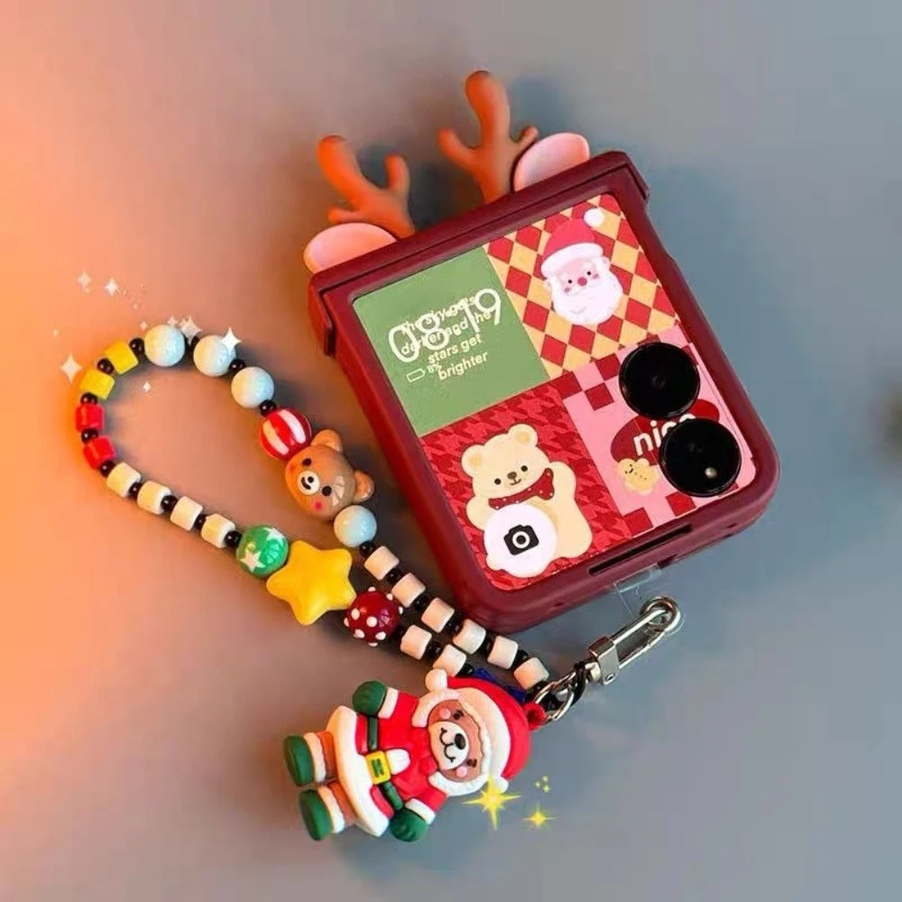 Cute 3D Deer Antler Flip Christmas Case for Motorola Razr 50 Ultra 50ultra with Bear Santa Claus Lanyard Xmas Protective Cover