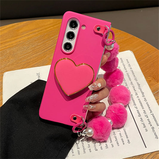 New Korean Rose Red Plush Ball Love Bracelet Pearl Bracelet Case for Samsung Galaxy Z Fold7 Z Fold6 Z Fold5 Z Fold4 ZFold3 Cover