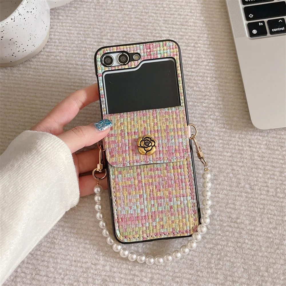 For Samsung Galaxy ZFlip7 Z Flip 7 6 5 4 3 Flip6 Flip5 Flip4 Flip3 5G Case Luxury Texture PU Leather Card Holder Wrist Strap