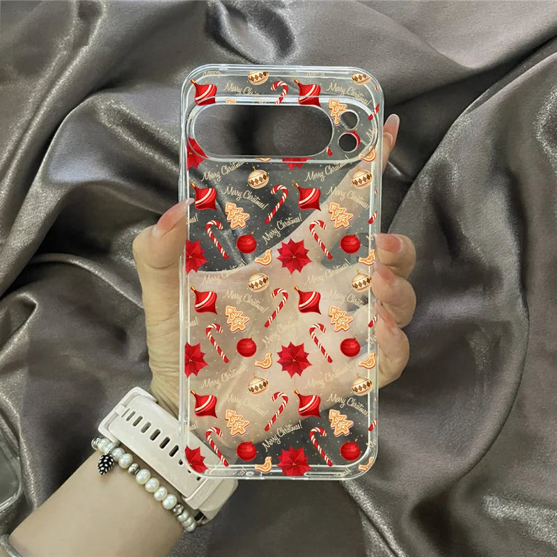 Cartoon Merry Christmas Elk Santa Phone Case For Google Pixel 8 Pro 9 Pro XL 8A 10 7 6A Snowflake Print Clear Soft Cover Fundas