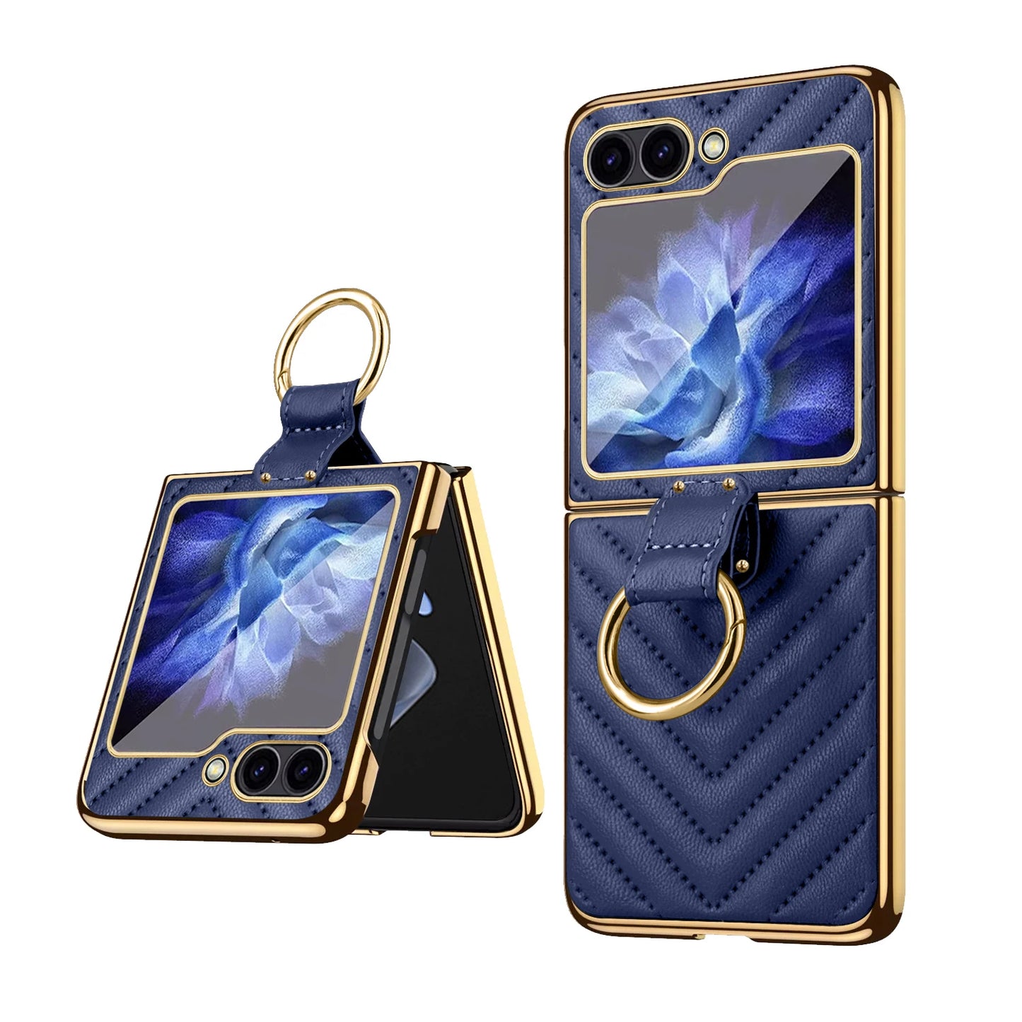 VIETAO Compatible With Samsung Galaxy Z Flip7 6 5 4 3 Golden Plated Finger Ring Holder Kickstand Leather Mobile Phone Case, Blue