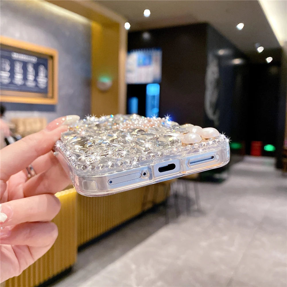 Handmad Diamond Pearl Flower Case For Google Pixel Fold 9 Pro XL 7A 8A 8 9Pro 6A Shine Rhinestone Cover Camera Protection Shell