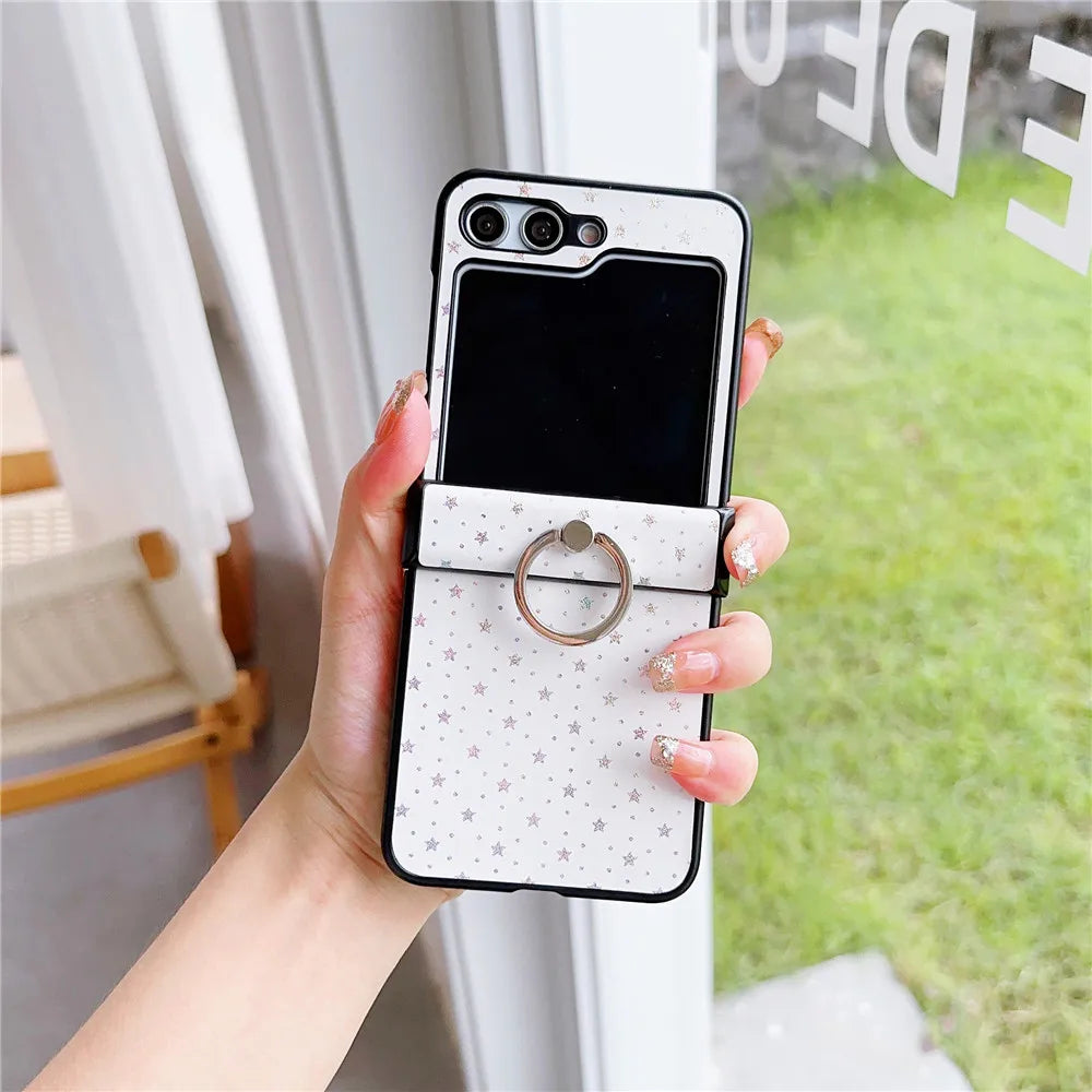 Luxury PU Leather Phone Case for Samsung Galaxy Z Flip 6 5 Flip6 Flip5 5G Ring Hard Shell Shockproof Cover