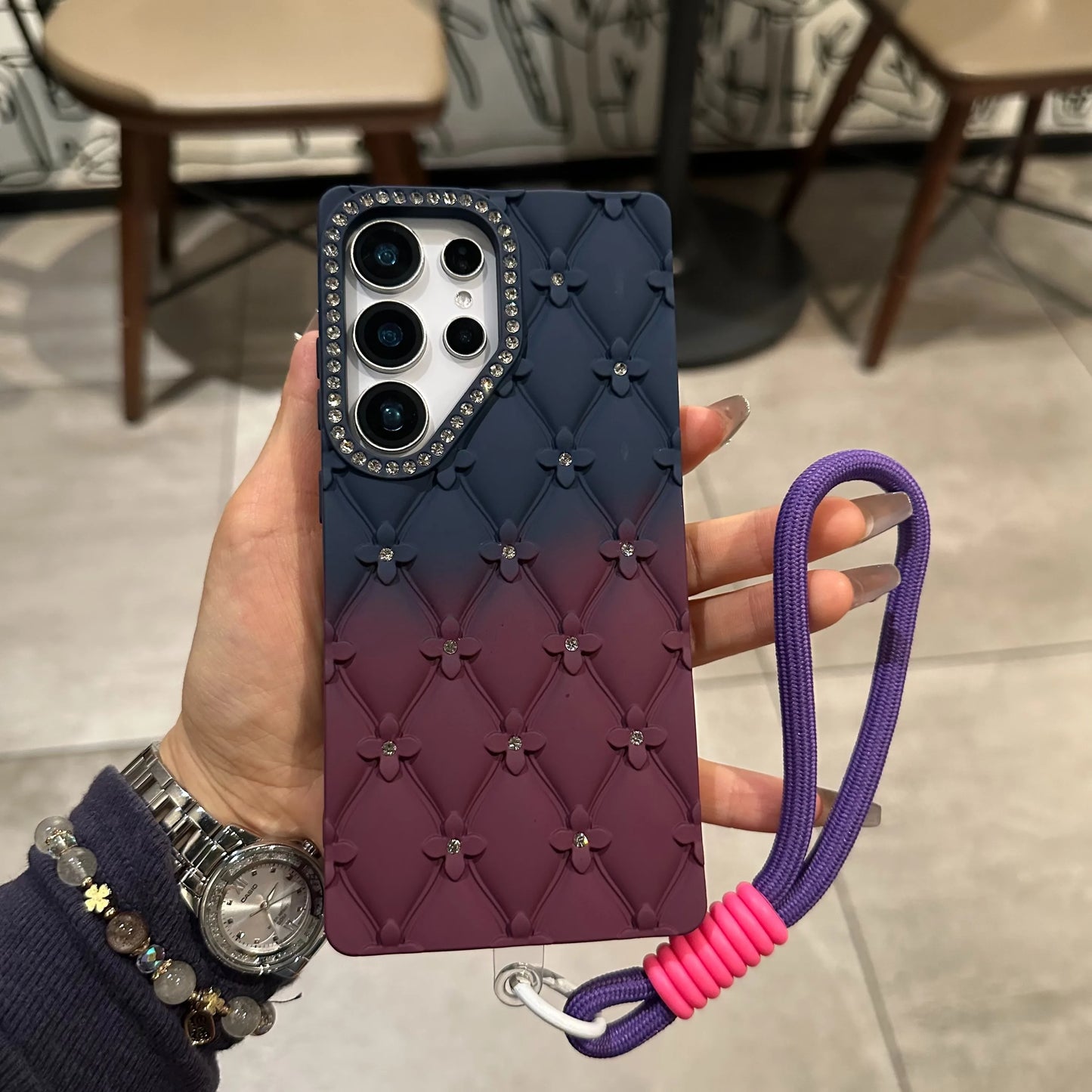 Luxury Glitter Diamond 6D Flowers S25 Edge Gradient Case For Samsung Galxy S25 S24 S23 Ultra Plus FE A26 A16 Wrist Strap Cover