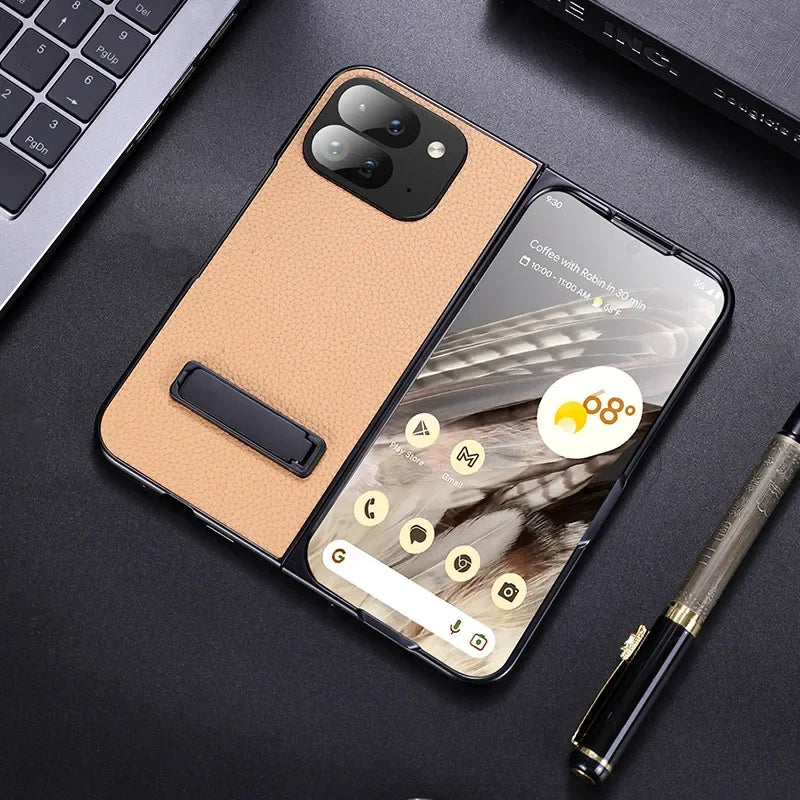 For Google Pixel 9 Pro Folding Case ELVEV Luxury PU Leather + TPU Camera Protection Cover with Metal Kickstand