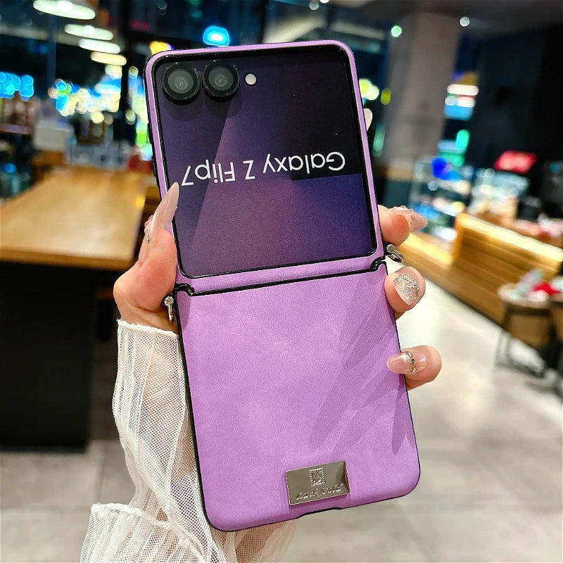 Luxury Sheepskin Leather Case with Nameplate For Samsung Galaxy Z Flip 7 6 5 4 3 5G ZFlip7 FE Fashion Back Cover With lanyard