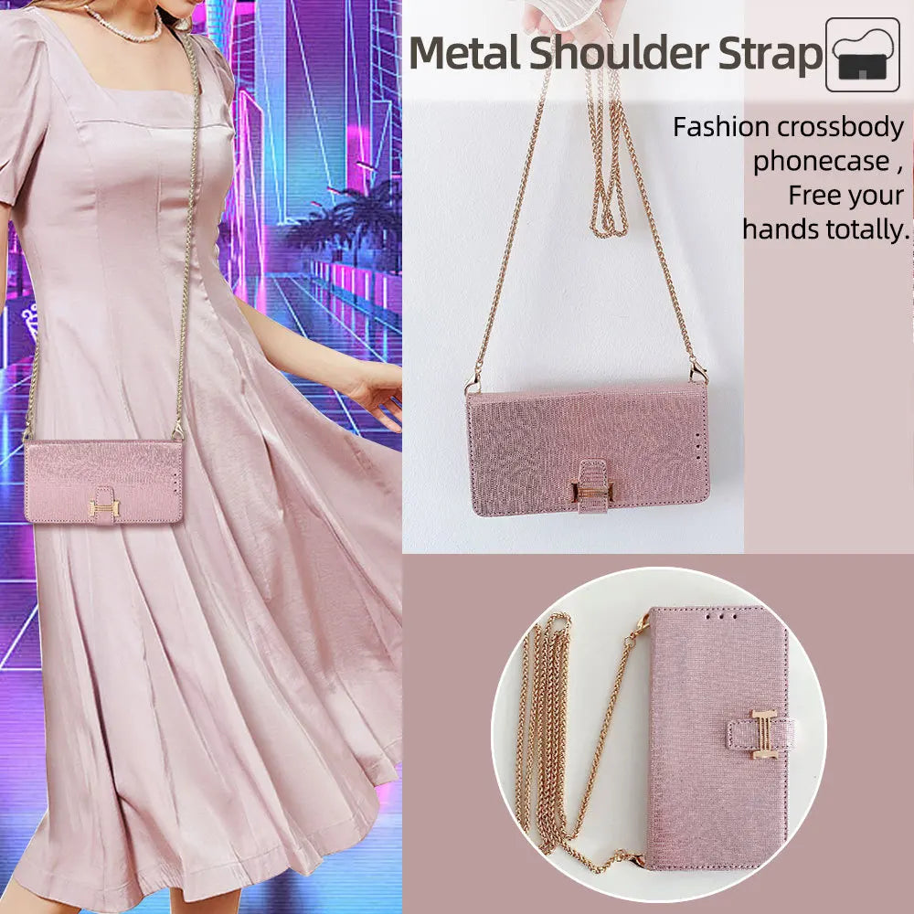 Metal Shoulder Strap Case for Google Pixel 10 Pro XL 10A 9 9A 8 8A 7 7A 6 6A Luxuty Crossbody Leather 3 Cards Wallet Flip Cover