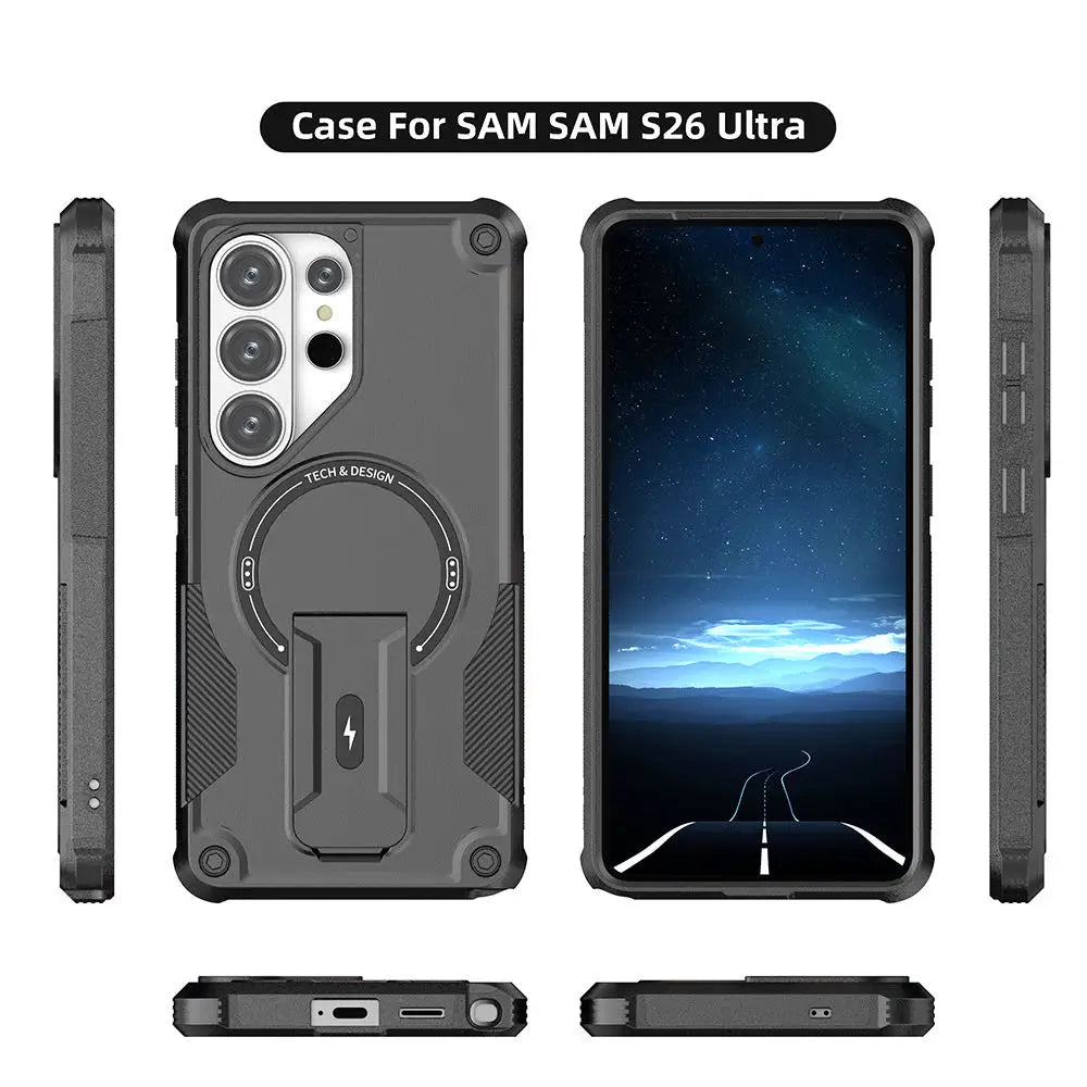 Folding Holder Armor Case For Samsung Galaxy S26 S25 S24 Ultra Plus A17 A56 A36 A54 Magnetic For Magsafe Stand Shockproof Cover