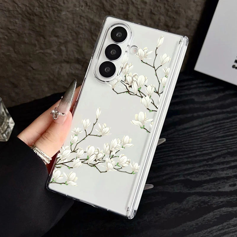 Magnetic Adsorption Phone Case For Samsung Galaxy Z Fold 7 6 5 Fold7 Fold6 Fold5 5G Flower Floral Pattern Clear Shockproof Cover