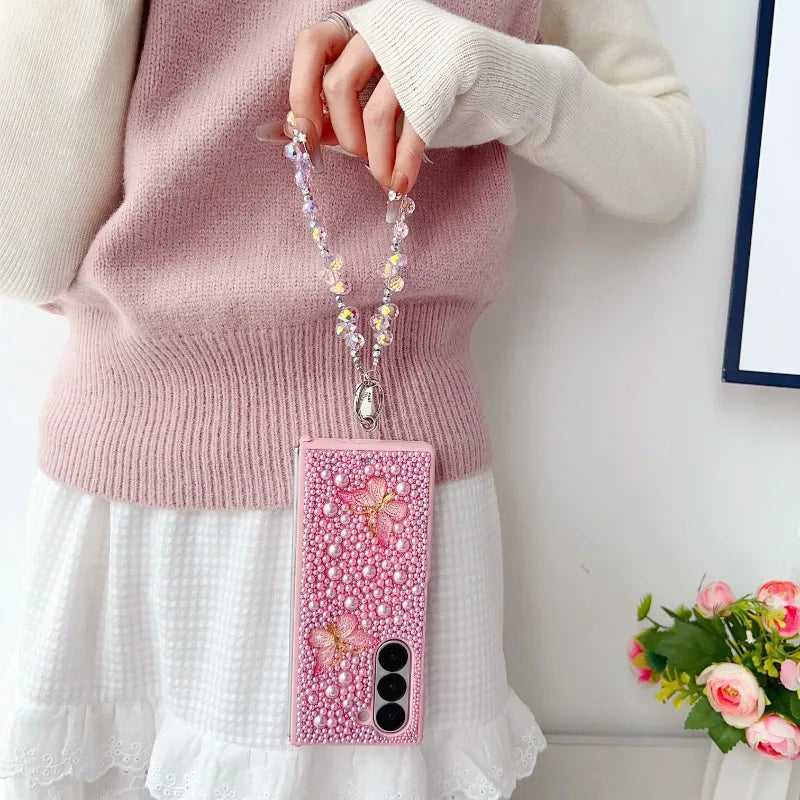 Fashional Crystal Bracelet Pearl Butterfly Phone Case For Samsung Galaxy Z Fold 7 6 5 4 3 Unique Fall prevention Protector Cover