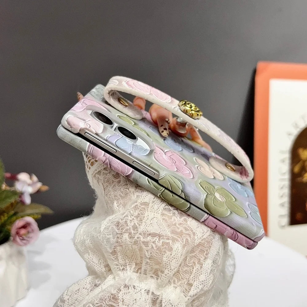 INS Relief Colorful Oil Painting Flower Lanyard All-inclusive Case For Samsung Galaxy Z Fold 8 Ultra Fold 7 Wrist Strap PC Cover