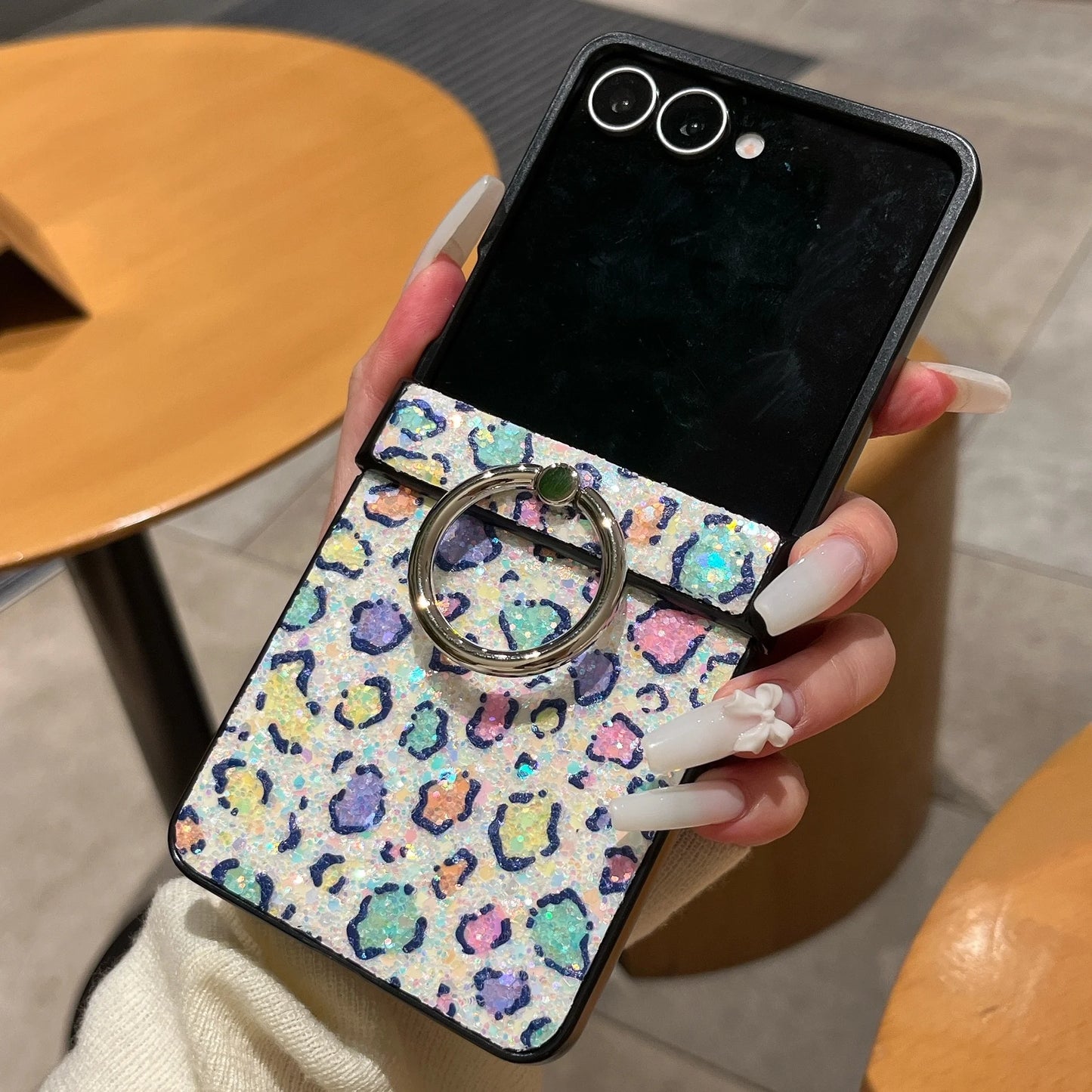 Glitter Leopard Pattern Cover For Samsung Galaxy Z Flip 7 Ring Holder Case For Samsung Z Flip 6 z flip 5 4 Luxury Shining Shell