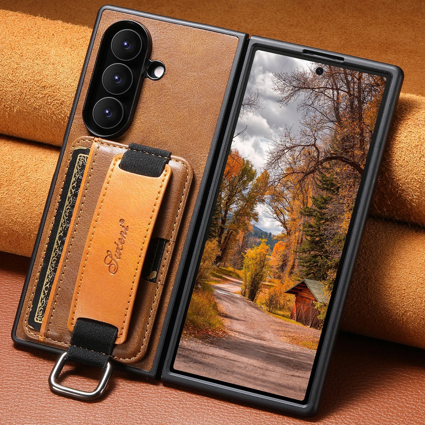 Oil Wax Leather Moblie Phone Case for Samsung Galaxy Z Fold 7 Fold6 5 Wrist Strap Ring Card Slot Wallet Holder Anti-fall Cover