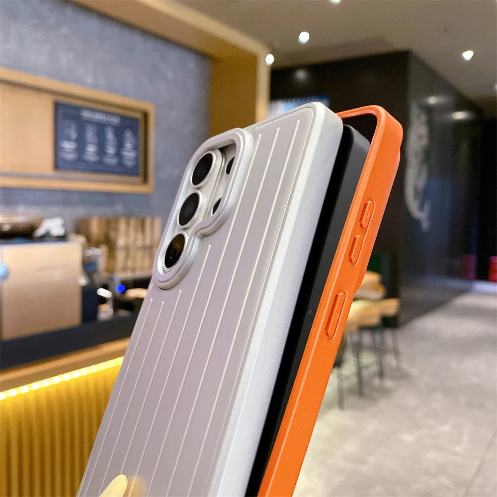Luxury Luggage Texture Plating Phone Case For Samsung S26 S25 S24 S23 S22 Ultra Solid Color Anti-Slip Striped Protection Cover