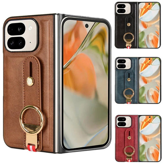 Luxury Wristband Leather Stand Case for Google Pixel 9 Pro Fold Cover Foldable With Ring Opener Hook Coque Fundas Capa
