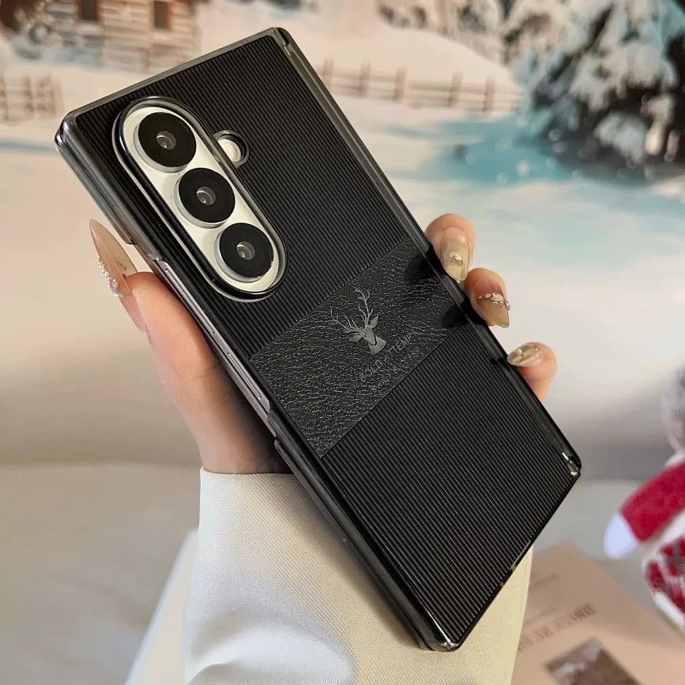 For Samsung Galaxy Z Fold 7 6 5 4 Case Magnetic Leather Deer Pattern Hinge Thin Shockproof PC Wireless Charge Cover For ZFold7