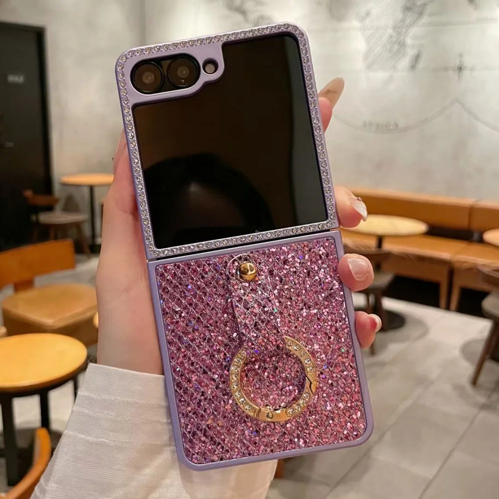 Luxury Shiny Diamonds Ring Phone Case For Samsung Galaxy Z Flip 7 6 5 4 Glitter Shockproof Protective Folding Cover