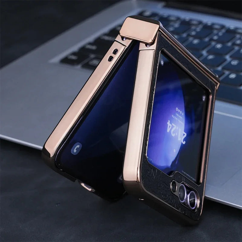 Luxury Dragon Pattern Leather Phone Case For Samsung Galaxy Z Flip 7 FE 6 5 4 3 Flip6 ZFlip7 3-Pieces-Set Plating PC Hinge Cover