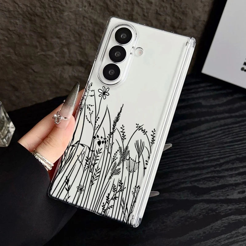 Magnetic Adsorption Clear Phone Case For Samsung Galaxy Z Fold 7 6 5 Fold7 Fold6 Fold5 5G Flowers Pattern Shockproof Hard Cover