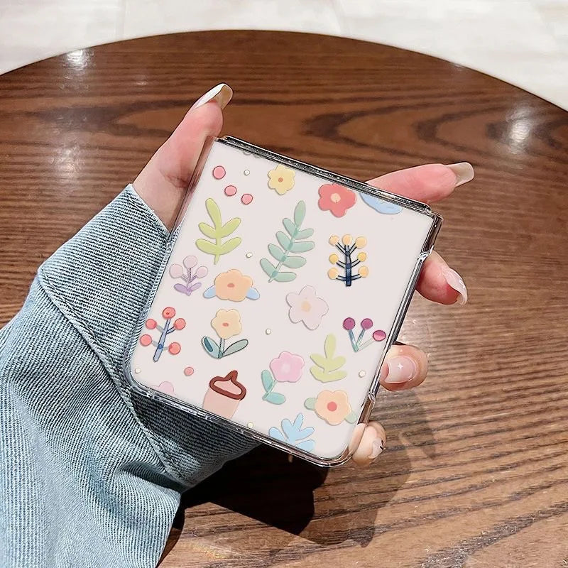 Ins Flower Transparent Phone Case For Samsung Galaxy Z Flip 6 7 ZFlip 5 Hard Clear Folding Cover for Samsung ZFlip 7FE 4 3 Shell