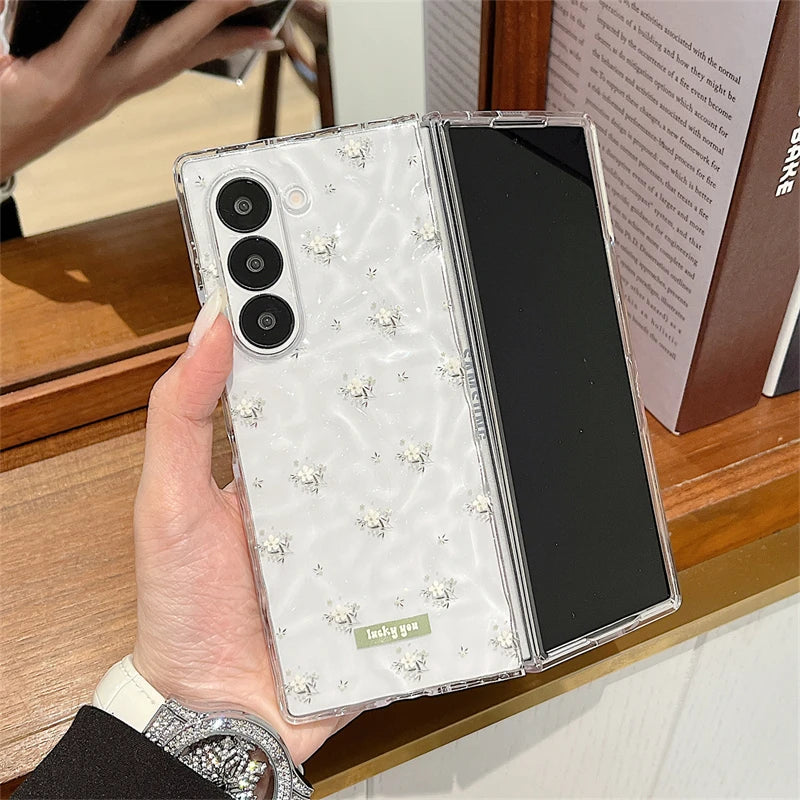 Clear Water Ripples Bowknot Flower Cute Phone Case For Samsung Z Fold 7 6 Fold6 Cases with Chain Cover For ZFold6 ZFod7 Funda