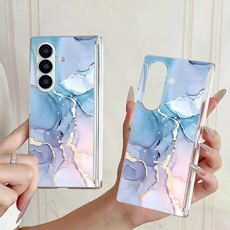 Magnetic Adsorption Clear Case For Samsung Galaxy Z Fold 7 6 5 Fold7 Fold6 Fold5 5G Retro Marble Pattern Shockproof Phone Cover