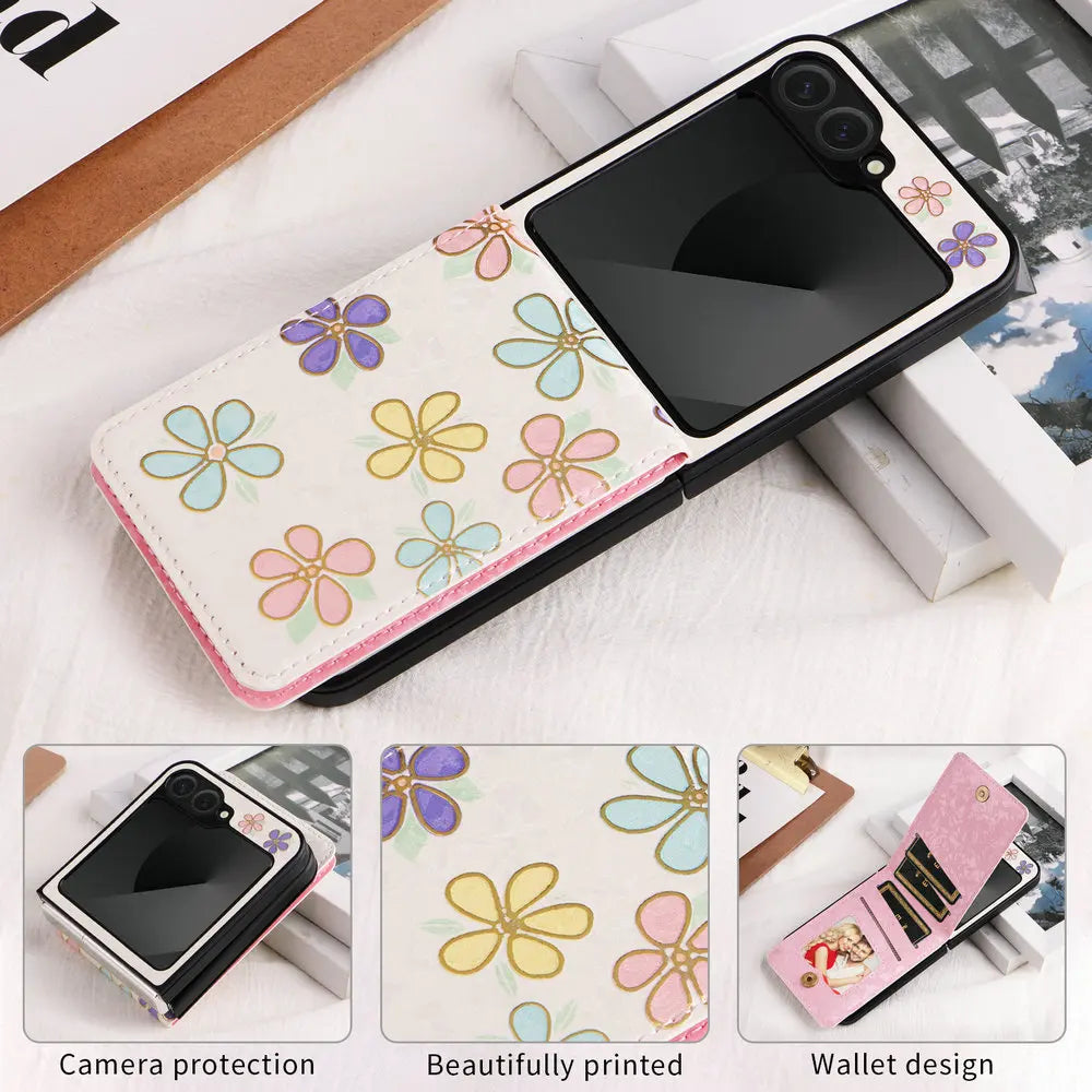 Wallet Double Button Floral Leather Card Coque for Samsung Galaxy Z Flip 7 5G 2025 Luxury Case ZFlip 7 SE Flip7 6 5 Magnet Cover
