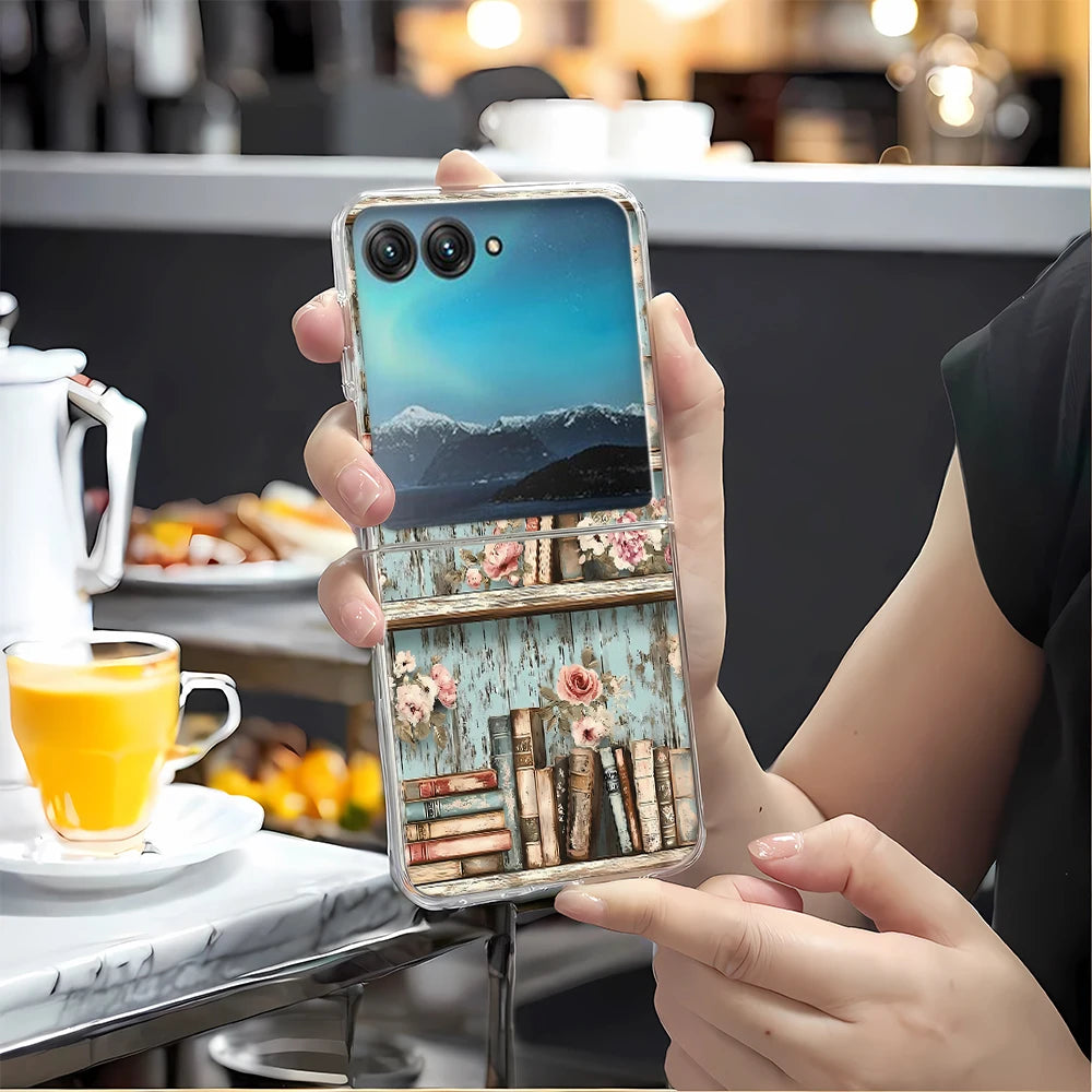 Vintage Magic Bookcase Painted Clear Hard Phone Case For Motorola Razr 60 50 40 Ultra Razr Plus 2025 2024 2023 Bumper Cover
