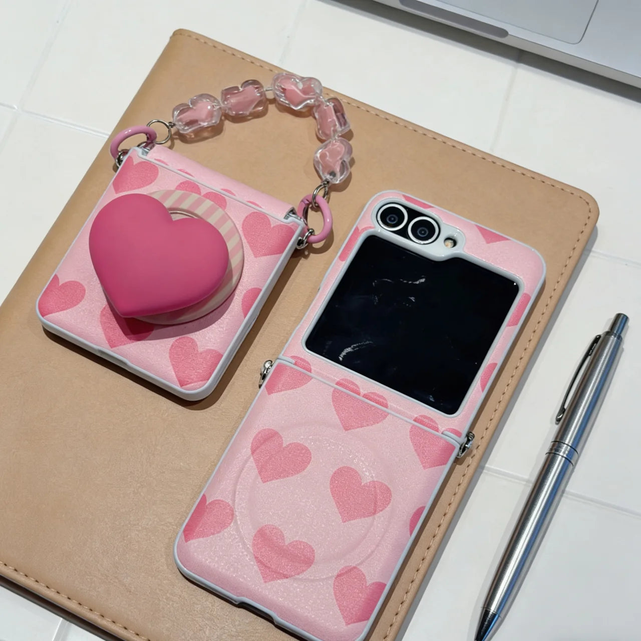 for Samsung Galaxy Z FLIP 7 FE 6 5 flip7 3in1 Rope Strap Magnetic Holder Fold Phone Case Cute Pink Love Heart Cover﻿﻿﻿﻿﻿
