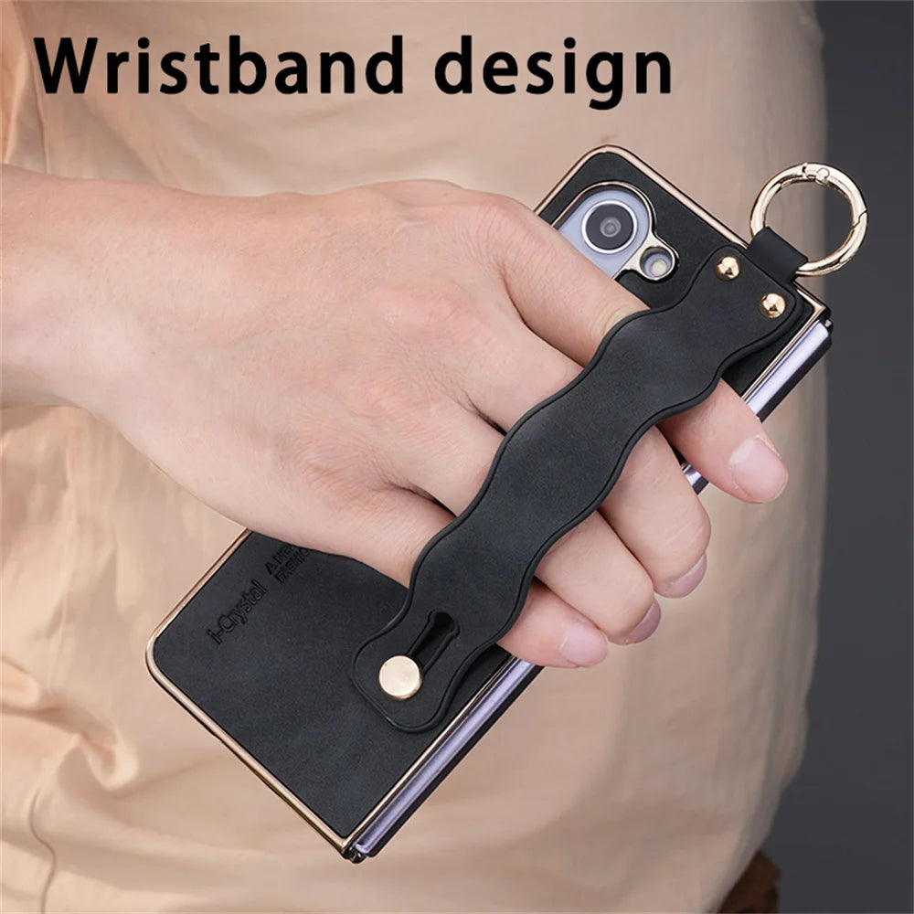 for Z Fold 7 Fashion Wave Wristband Leather Folding Case For Samsung Galaxy Z Fold 3 4 5 6 Zfold6 Fold7 Ring Buckle Holder Cover