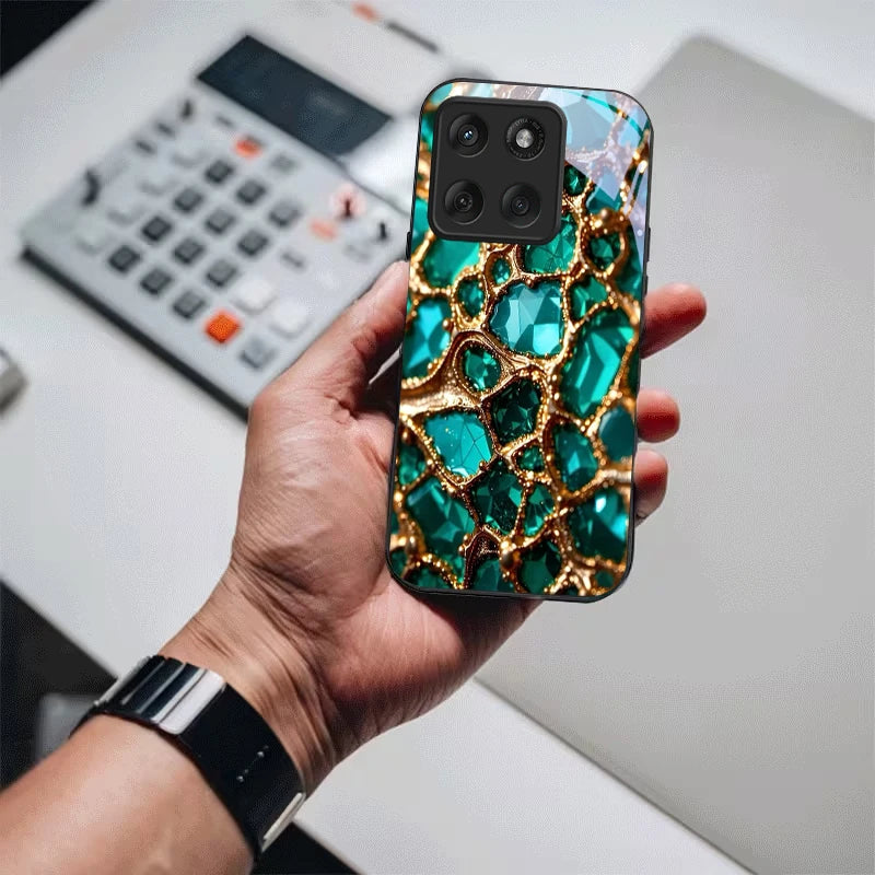 Luxury Green Gem Golden Black Glass Phone Case For Motorola Moto Edge 60 70 20 Lite 30 Pro 40 50 Ultra G45 G54 G55 G75 84 Cover
