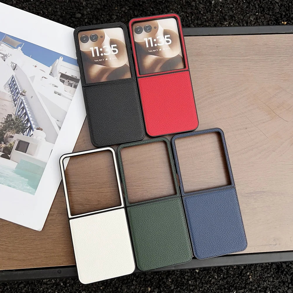 Plain Leather Lychee Patterned Case For Moto Razr 60 Ultra Razr60 Motorola razr 50 Ultra razr+ 2024 Camera protect Cover