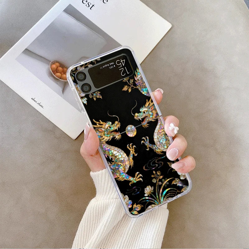 Stylish Dragon Leopard Marble Texture Clear Phone Case for Samsung Galaxy Z Flip 7 Flip 6 5 4 3 Folding Cover for Z Flip7 Flip5