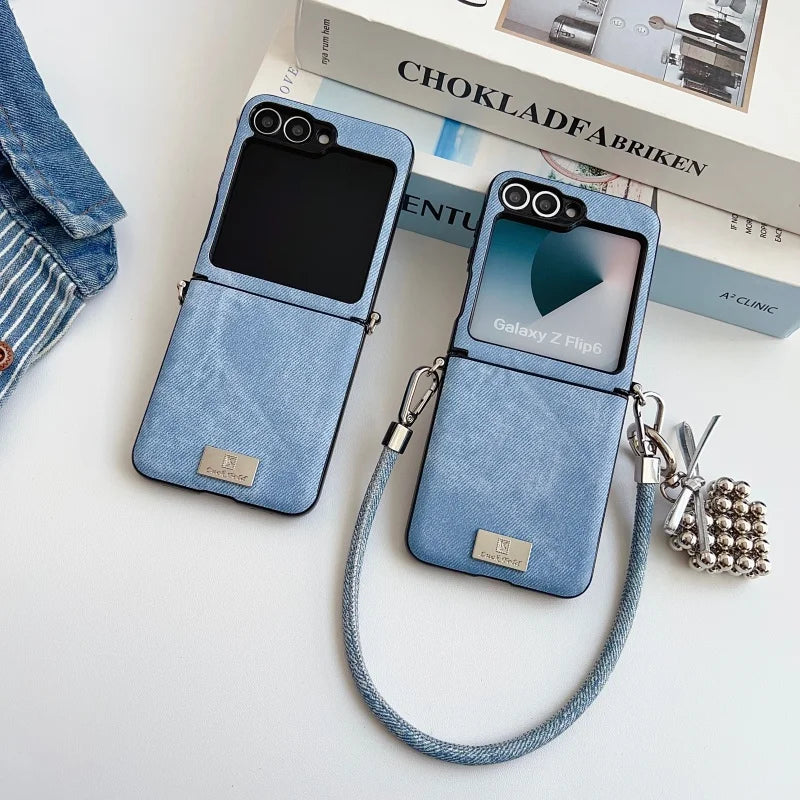 Fashion Denim Fabric Cute Phone Case For Samsung Galaxy Z Flip 7 6 5 4 Z Flip6 Z Flip7FE Cover with Hand Rope Cute Hinge Cases