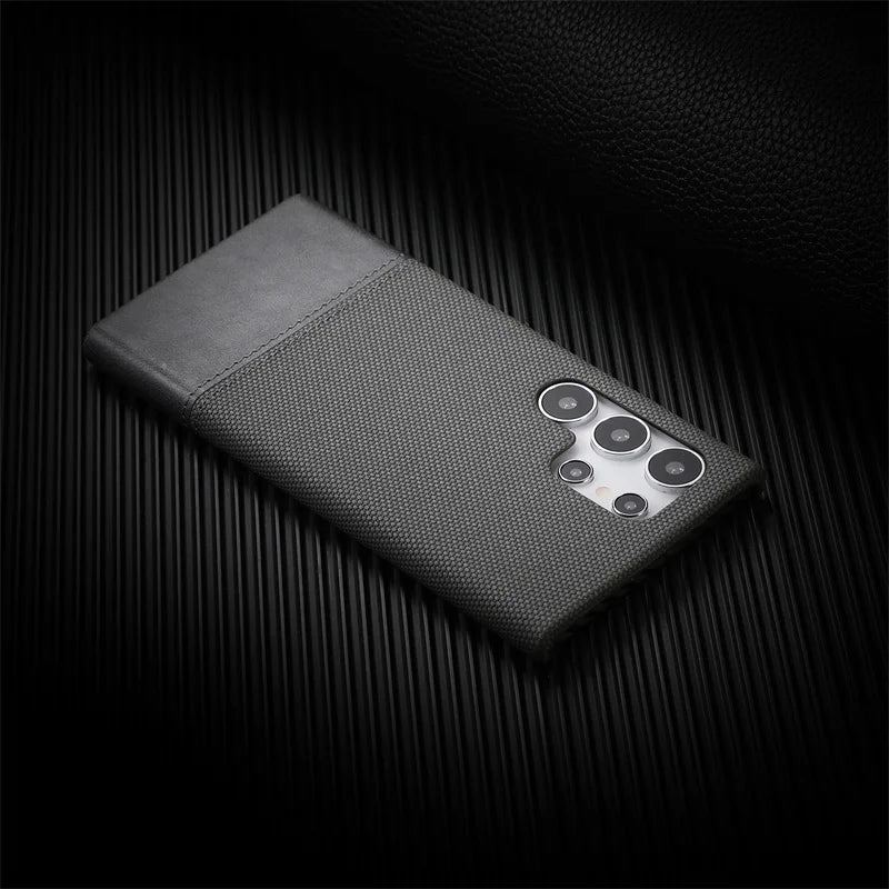For Samsung Galaxy S23 S24 S25 Ultra Personalised Nylon Fabric Stitched With Leather Case Frameless Cooling Shockproof PC Cover