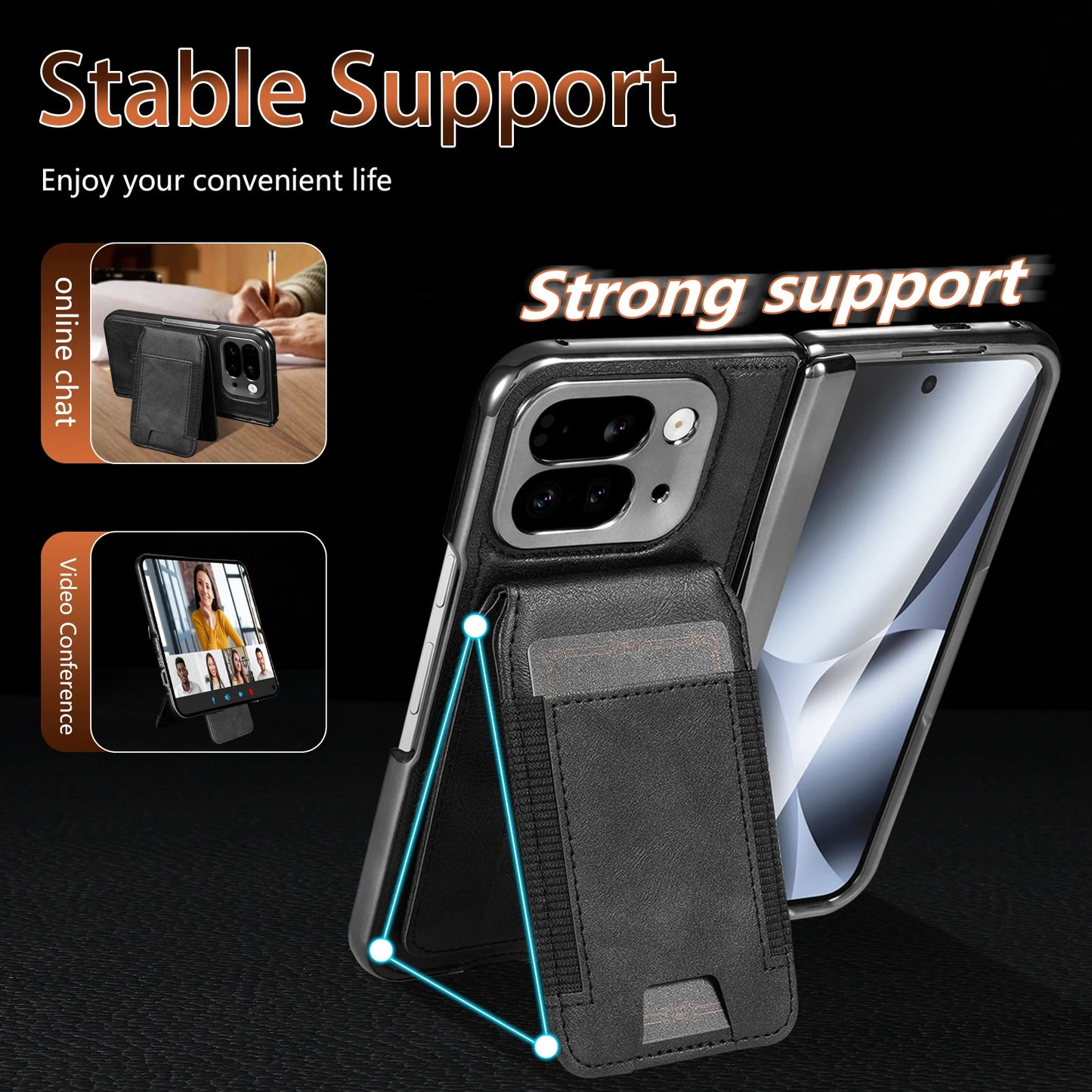 Leather stand protective strap and magnetic tempered glass screen protector phone case for Google Pixel 10 Pro Fold