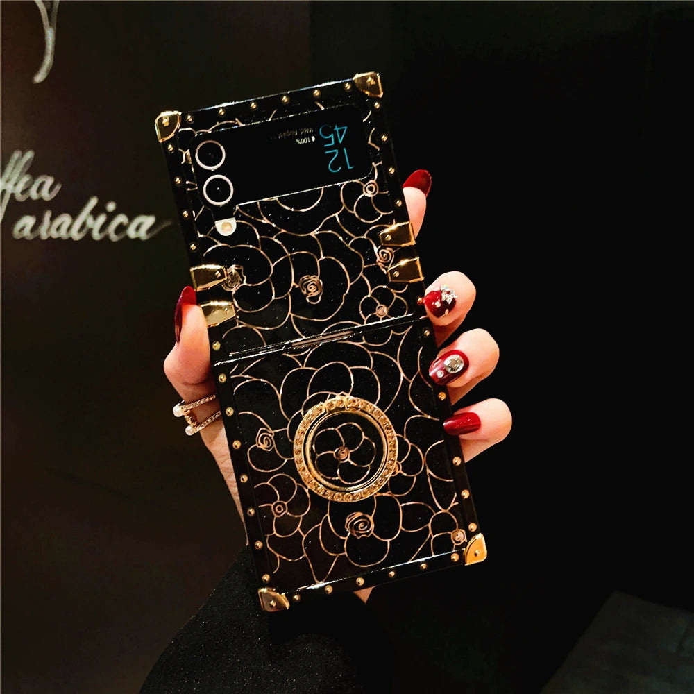 Luxury Shockproof Cover Retro Glitter Gold Line Rose Flower Phone Case for Samsung Galaxy Z Flip 7 Flip 6 Z Flip 5 Flip 4 Flip 3