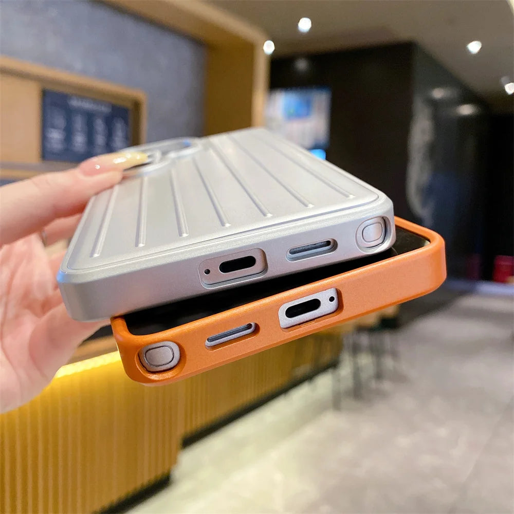 Luxury Luggage Texture Plating Phone Case For Samsung S26 S25 S24 S23 S22 Ultra Solid Color Anti-Slip Striped Protection Cover